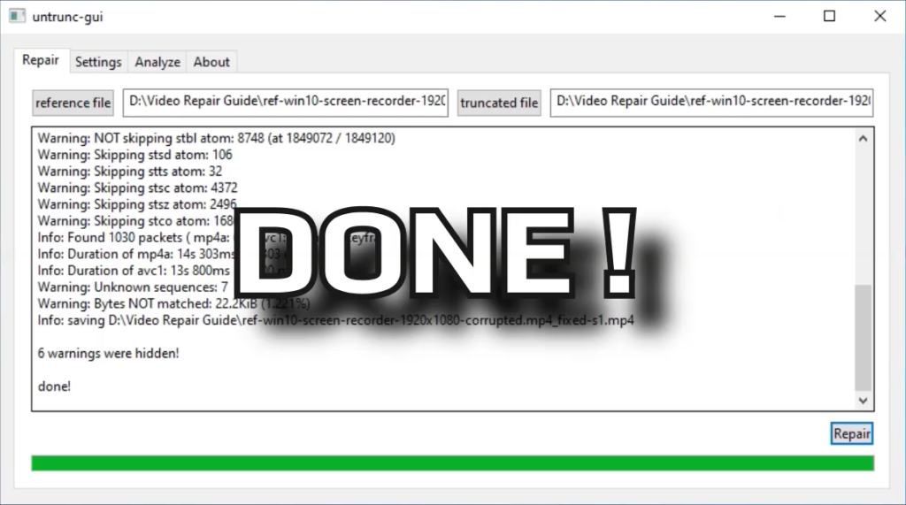 Untrunc GUI main interface showing the Repair tab on Windows