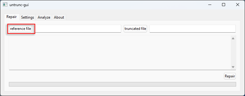 Untrunc GUI showing reference file and broken file selected for repair