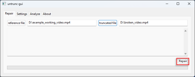 Untrunc video repair in progress showing the repair output log