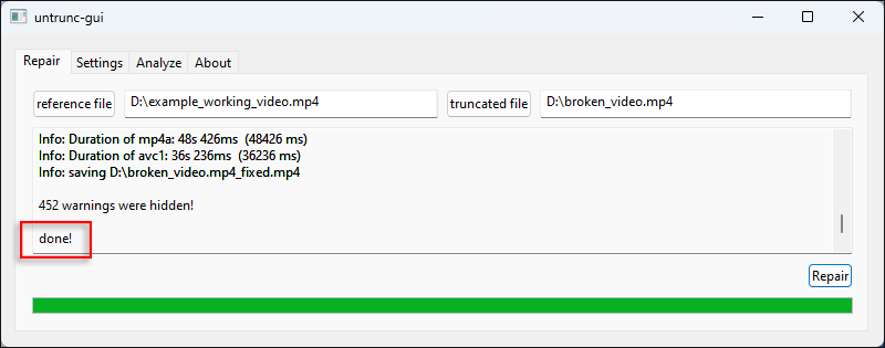 Untrunc repair complete with successfully repaired video file output